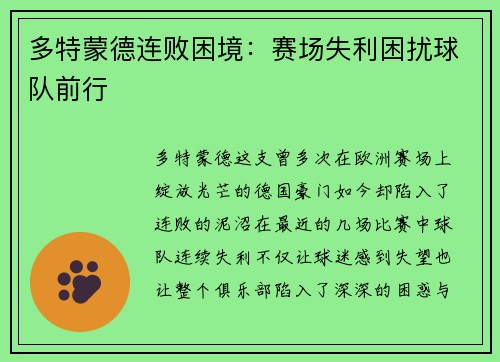 多特蒙德连败困境：赛场失利困扰球队前行