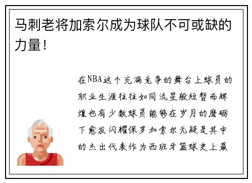 马刺老将加索尔成为球队不可或缺的力量! 马刺老将加索尔成为球队不可或缺的力量!